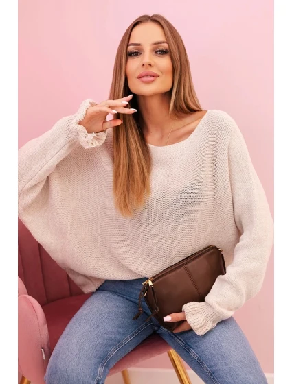 Dámský svetr z model 21232373 s nařasenými rukávy a výřezem na zádech béžový - K-Fashion