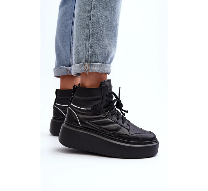 model 21647202 Dámské Kožené Sportovní Boty na Platformě Černé - Zazoo