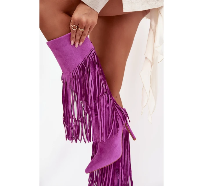 Dámské kozačky na jehlovém podpatku s třásněmi fialové Isalune Dámské kozačky na jehlovém podpatku s třásněmi fialové Isalune