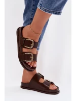 Dámské ekologické kožené pantofle se zlatými sponami Čokoládové model 21960841 - Boto