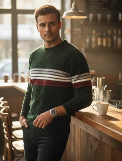 Pánský pruhovaný zelený svetr Dstreet model 21982545 - FashionStreet