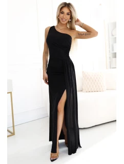dlouhé šaty na jedno rameno s  a rozparkem na nohou BLACK model 21186111 - numoco