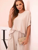 Komplet z viskózy halenka + kalhoty tmavě béžový