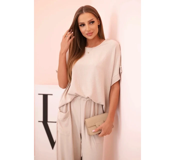 Komplet z viskózy halenka + kalhoty tmavě béžový