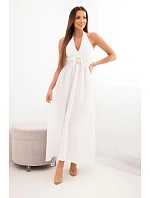 Dámské viskózové maxi šaty vázané za krk s ozdobnou přezkou ecru