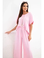 Dámský viskózový komplet halenka s krátkým rukávem a kalhoty se širokou nohavicí cukrově růžová