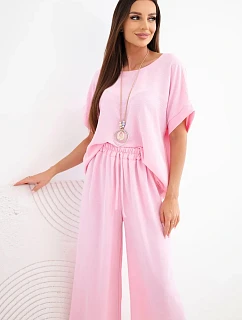 Dámský viskózový komplet halenka s krátkým rukávem a kalhoty se širokou nohavicí cukrově růžová