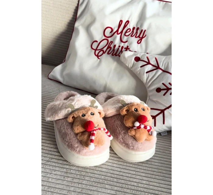Dámské vánoční chlupaté pantofle Ilianne – renifery/béžové Dámské vánoční chlupaté pantofle Ilianne – renifery/béžové
