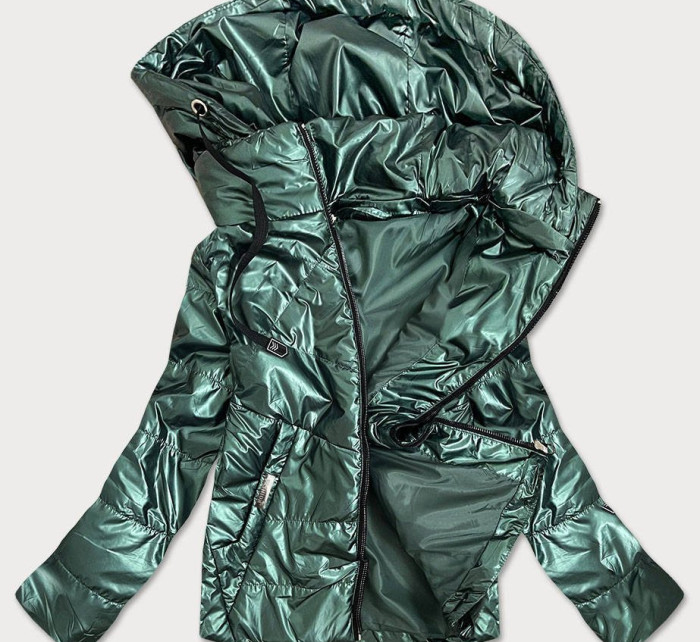 Zelená lesklá dámská bunda s kapucí (B9575)