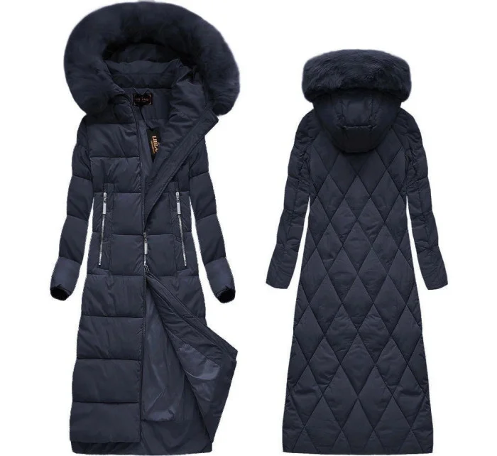 Tmavě modrá dlouhá dámská zimní bunda s kapucí (7688)