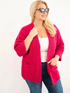 Dámský svetr Plus Size s kapsami bez zapínání fuchsiová
