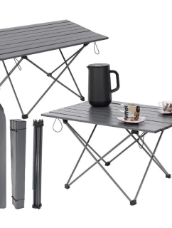 Skládací turistický stolek 68x46x40 cm HLINÍK ŠEDÝ S PŘIKRÝVKOU
