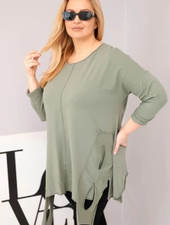 Dámská bavlněná blůza Plus Size s asymetrickým spodním lemem a výřezy khaki