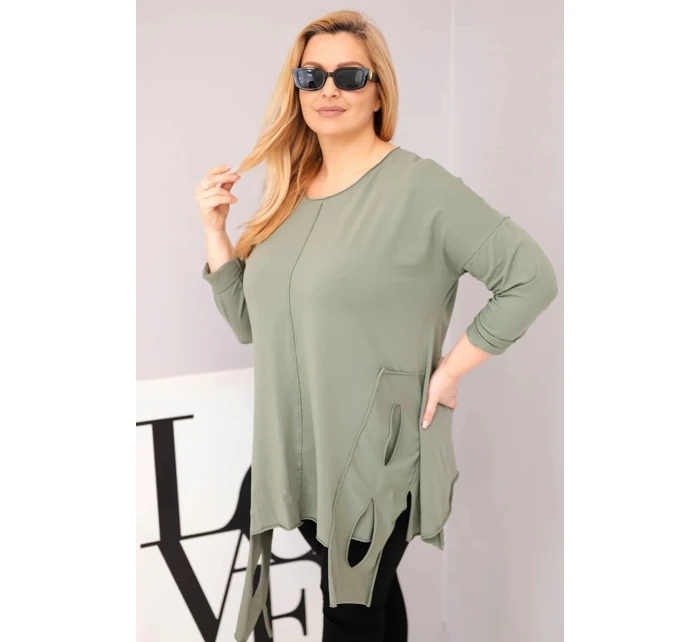 Dámská bavlněná blůza Plus Size s asymetrickým spodním lemem a výřezy khaki