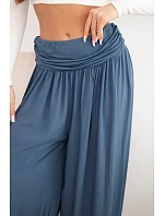 Dámské viskózové kalhoty s širokou nohavicí a nařasením džínové