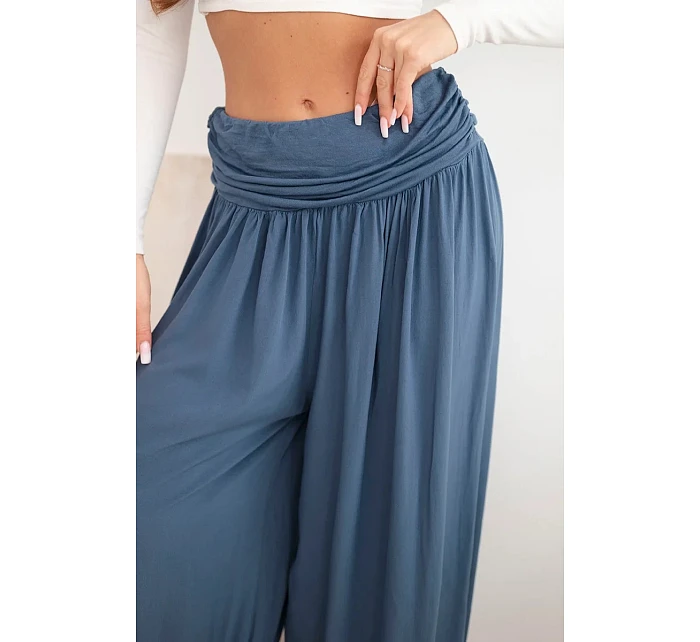 Dámské viskózové kalhoty s širokou nohavicí a nařasením džínové