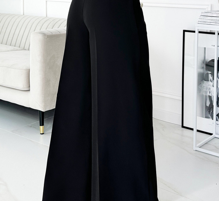 Elegantní černé dámské široké kalhoty s vysokým pasem a zlatými knoflíky 496-1