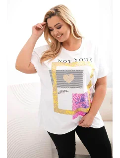 Dámská bavlněná halenka Plus Size se zlatým nápisem bílá + žlutá