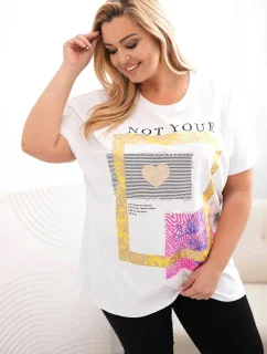 Dámská bavlněná halenka Plus Size se zlatým nápisem bílá + žlutá