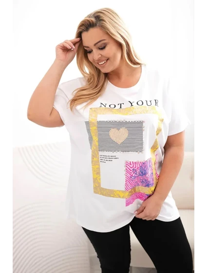 Dámská bavlněná halenka Plus Size se zlatým nápisem bílá + žlutá
