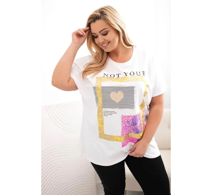 Dámská bavlněná halenka Plus Size se zlatým nápisem bílá + žlutá