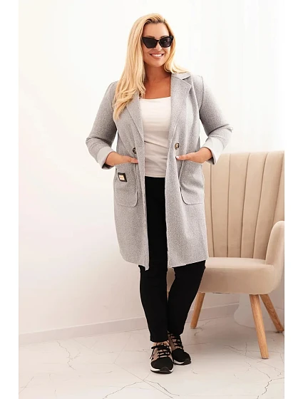 Dámský elegantní kabát Plus Size s límcem a velkými kapsami šedý Dámský elegantní kabát Plus Size s límcem a velkými kapsami šedý