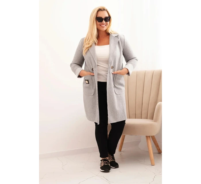 Dámský elegantní kabát Plus Size s límcem a velkými kapsami šedý