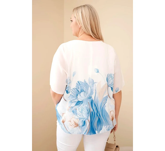 Dámská halenka Plus Size s květinovým potiskem a volným rukávem modrá