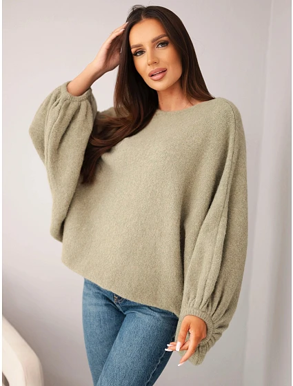 Svetr dámský s přídavkem model 22540768 oversize světlé khaki - K-Fashion Svetr dámský s přídavkem model 22540768 oversize světlé khaki - K-Fashion