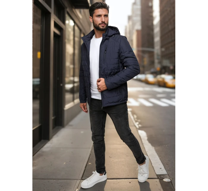 Pánská přechodná prošívaná bunda s kapucí tmavě modrá FashionStreet TX5004