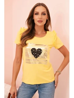Dámská bavlněná blůza s volánkem a srdcem z kamínků žlutá