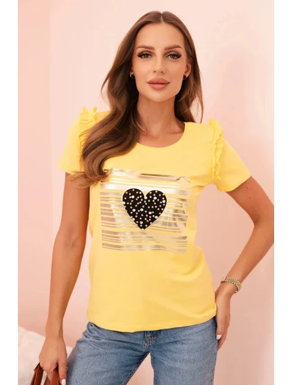Dámská bavlněná blůza s volánkem a srdcem z kamínků žlutá Dámská bavlněná blůza s volánkem a srdcem z kamínků žlutá