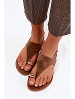 Dámské sandály Ploché S Zlatým Detalem Eko Semiš Hnědé Jelviane