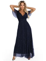 dlouhé lesklé šaty s výstřihem a krátkými rukávy tmavě modré model 21777396 - numoco basic dlouhé lesklé šaty s výstřihem a krátkými rukávy tmavě modré model 21777396 - numoco basic