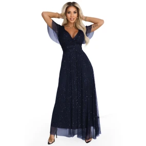 635-3 MELANIA dlouhé lesklé šaty s výstřihem a krátkými rukávy - tmavě modré 635-3 MELANIA dlouhé lesklé šaty s výstřihem a krátkými rukávy - tmavě modré