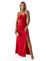 model 22100400 Přiléhavé dlouhé maxi šaty s obálkovým výstřihem a rozparkem červené - numoco basic
