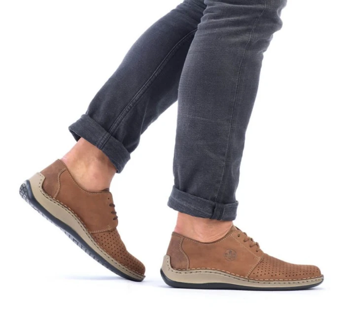 Kožené polobotky Rieker M RKR528 hnědé s ažurovým vzorem