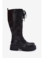 Dámské kožené vysoké boty na platformě s šněrováním s podšívkou Černé Kasmina Dámské kožené vysoké boty na platformě s šněrováním s podšívkou Černé Kasmina