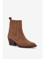 Dámské zateplené kotníkové boty kovbojky na podpatku Dylira – camel, zamsz Dámské zateplené kotníkové boty kovbojky na podpatku Dylira – camel, zamsz