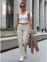 Jeansy damskie z wysokim stanem mom fit z paskiem beżowe FashionStreet UY2918