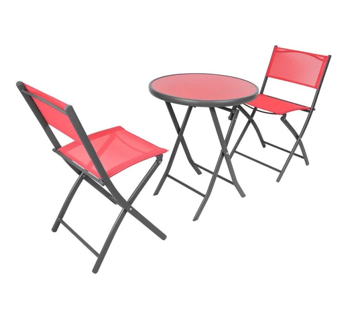 SADA BALKONOVÉHO NÁBYTKU KULATÝ STŮL A 2 SKLÁDACÍ ŽIDLE ČERVENÁ