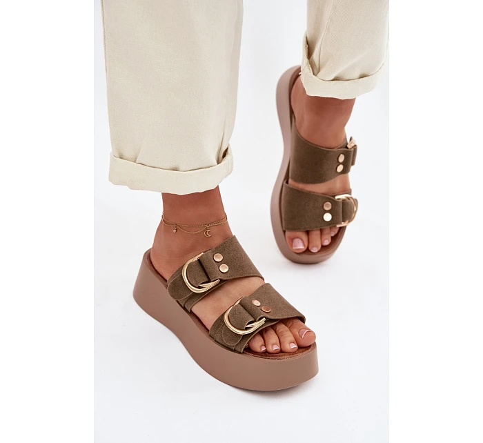 Dámské platformové pantofle se zlatými sponami olivové Nelirae