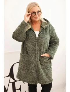 Dámský kabát Plus Size z viskózy na zip s kapucí khaki