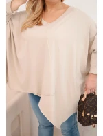 Dámská bavlněná blůza Plus Size s asymetrickým spodním lemem a V výstřihem béžová Dámská bavlněná blůza Plus Size s asymetrickým spodním lemem a V výstřihem béžová