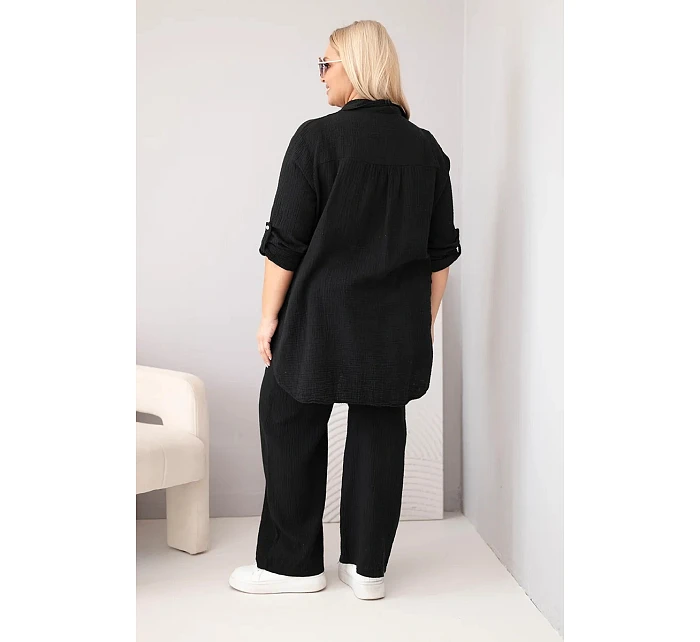 Dámský komplet Plus Size s košilí na knoflíky a kalhotami se širokými nohavicemi černý model 22069907 - K-Fashion