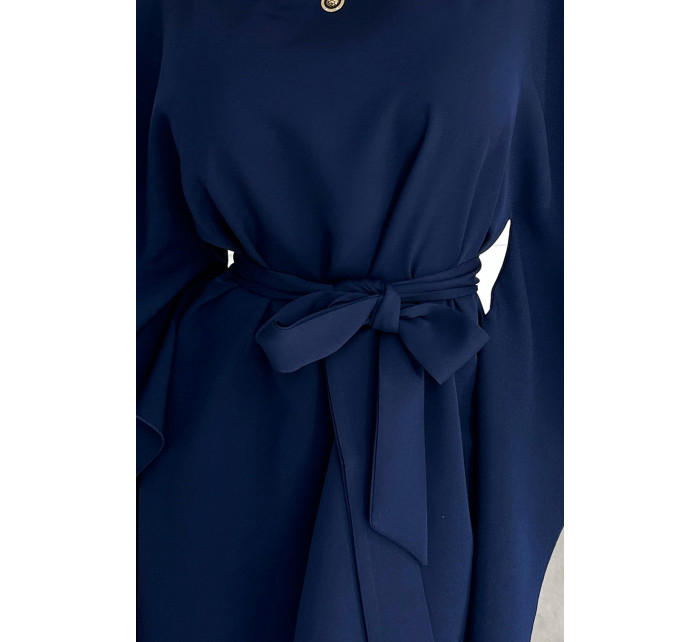 SOFIA Tmavě modré dámské šaty se zavazováním v pase model 17911531 - numoco
