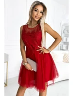 522-3 CATERINA Dámské šaty s gipure a jemným tylem - ČERVENÉ