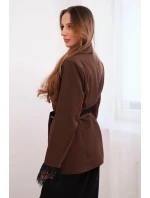 Dámská sako s páskem a krajkovým zakončením rukávů hnědá Dámská sako s páskem a krajkovým zakončením rukávů hnědá
