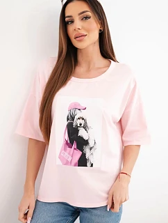 Dámská bavlněná oversize halenka s krátkým rukávem a model 22042978 potiskem pudrově růžová - K-Fashion