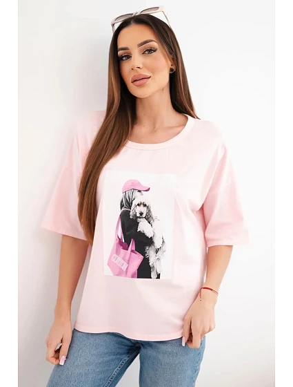 Dámská bavlněná oversize halenka s krátkým rukávem a model 22042978 potiskem pudrově růžová - K-Fashion